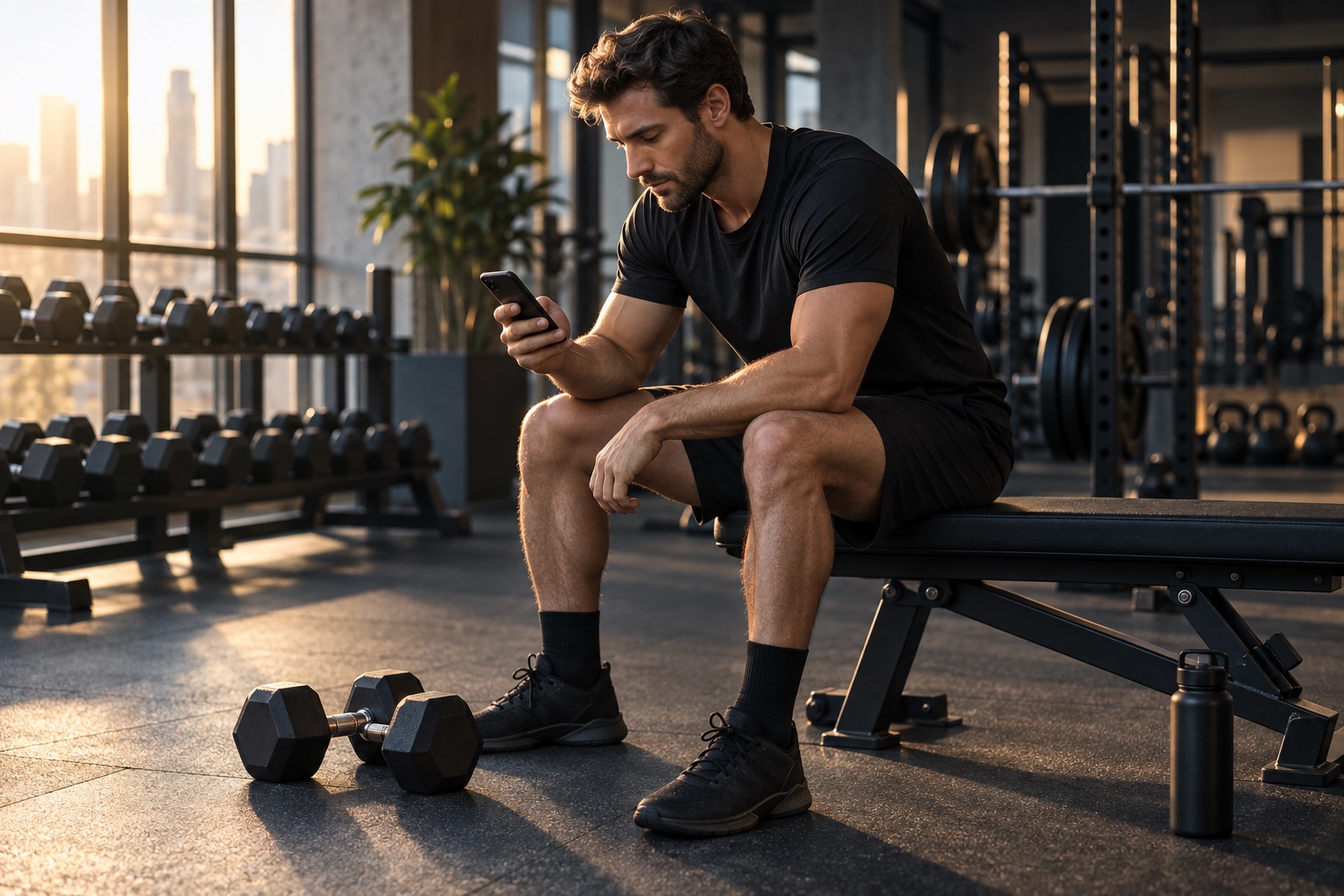 Deportista consulta su celular antes de entrenar